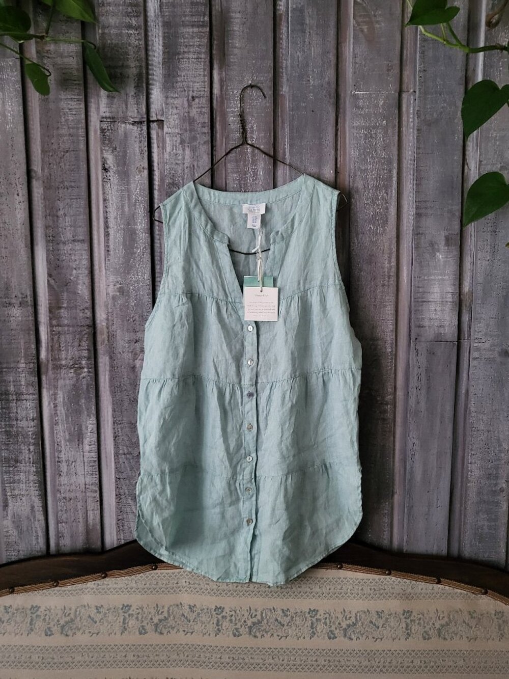 Sigrid Olsen 100% Linen Sleeveless Tiered Button Down Blouse Sage Green M NWT